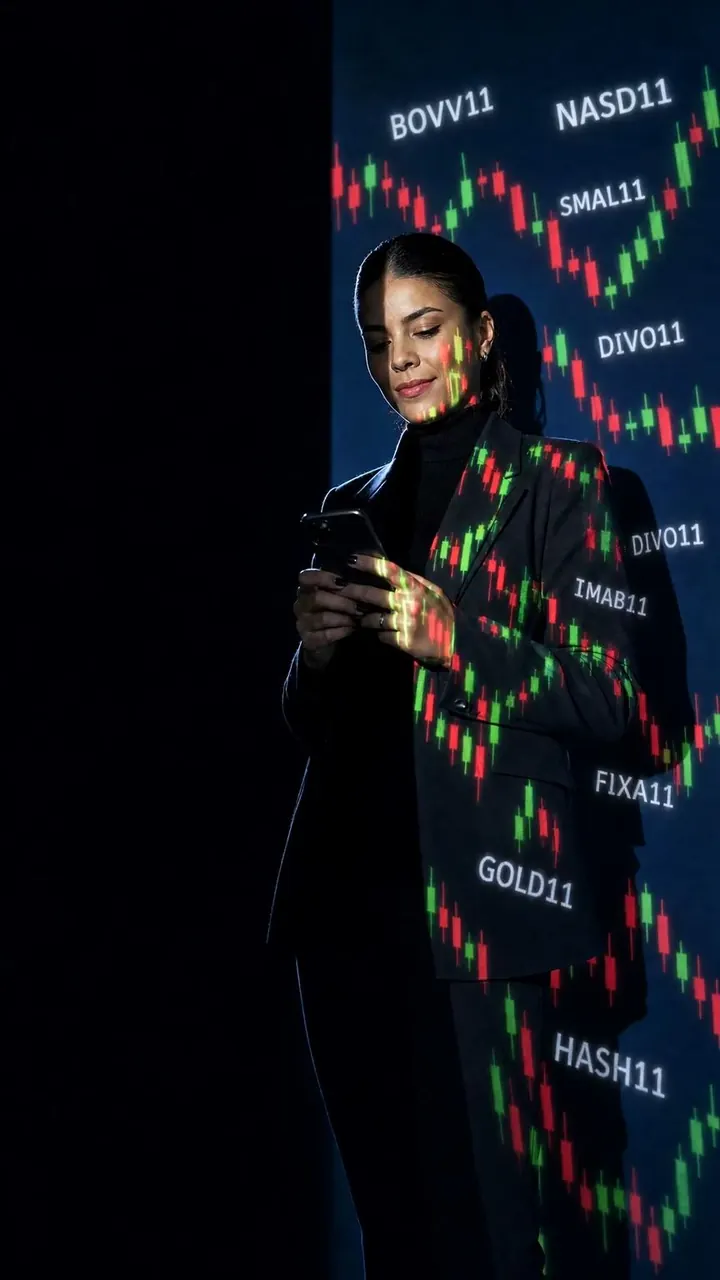 Investidora de blazer escuro consultando o celular, com um gráfico de candles e siglas de ETF projetados em luz sobre ela.