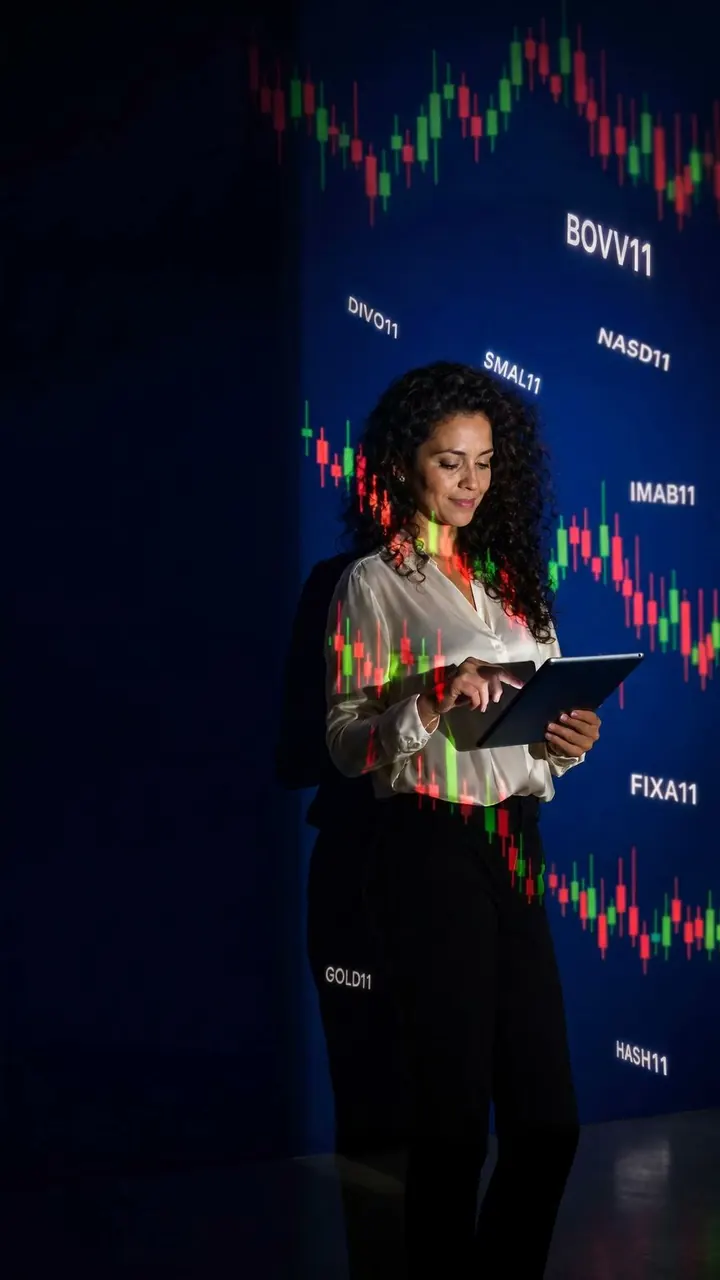 Investidora de blusa clara com um tablet nas mãos, iluminada por um gráfico de candles e siglas de ETF projetados em azul.