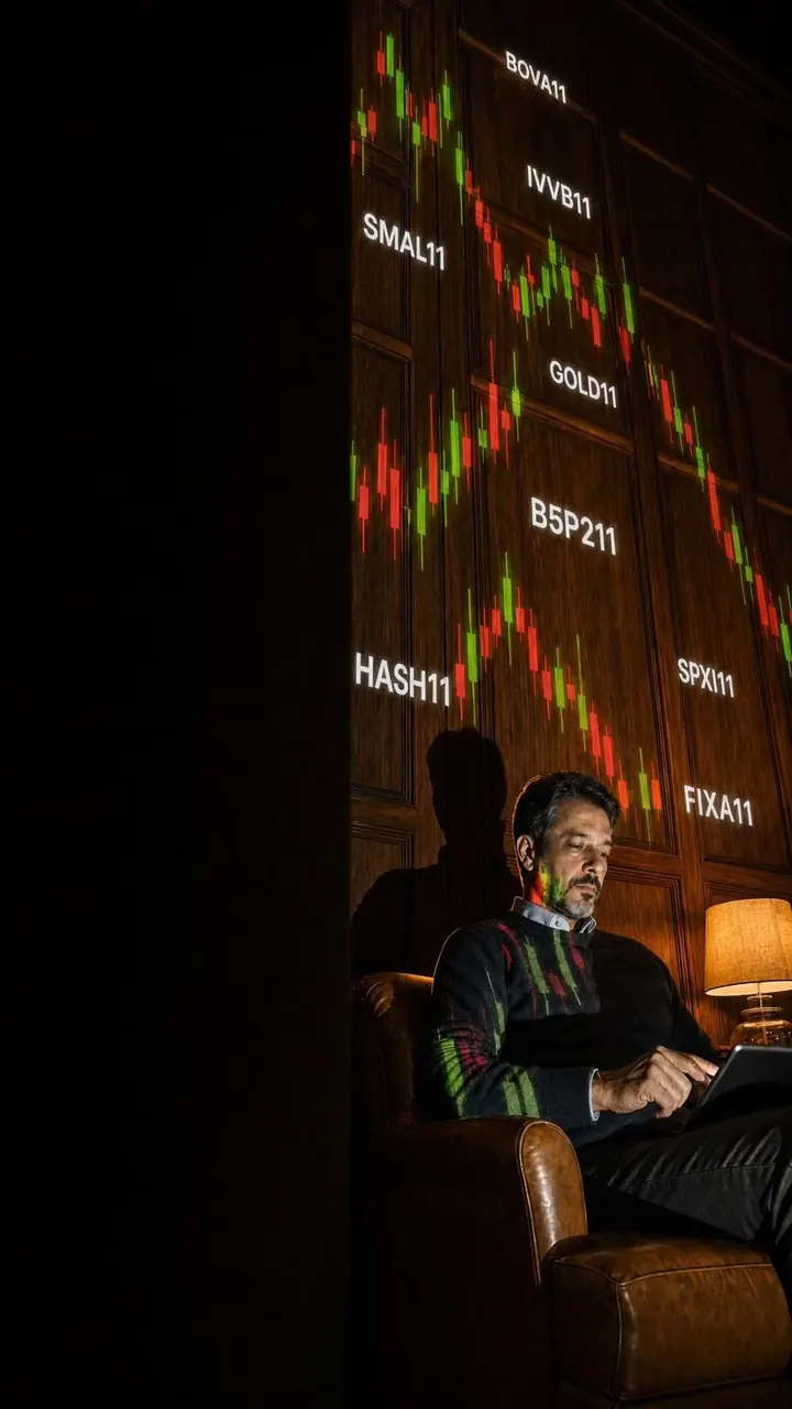 Investidor sentado em uma poltrona de couro em ambiente de madeira, com um gráfico de candles e siglas de ETF projetados na parede.