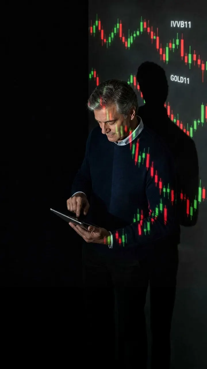 Investidor de cabelos grisalhos com um tablet nas mãos, com um gráfico de candles e siglas de ETF projetados sobre ele e a parede.
