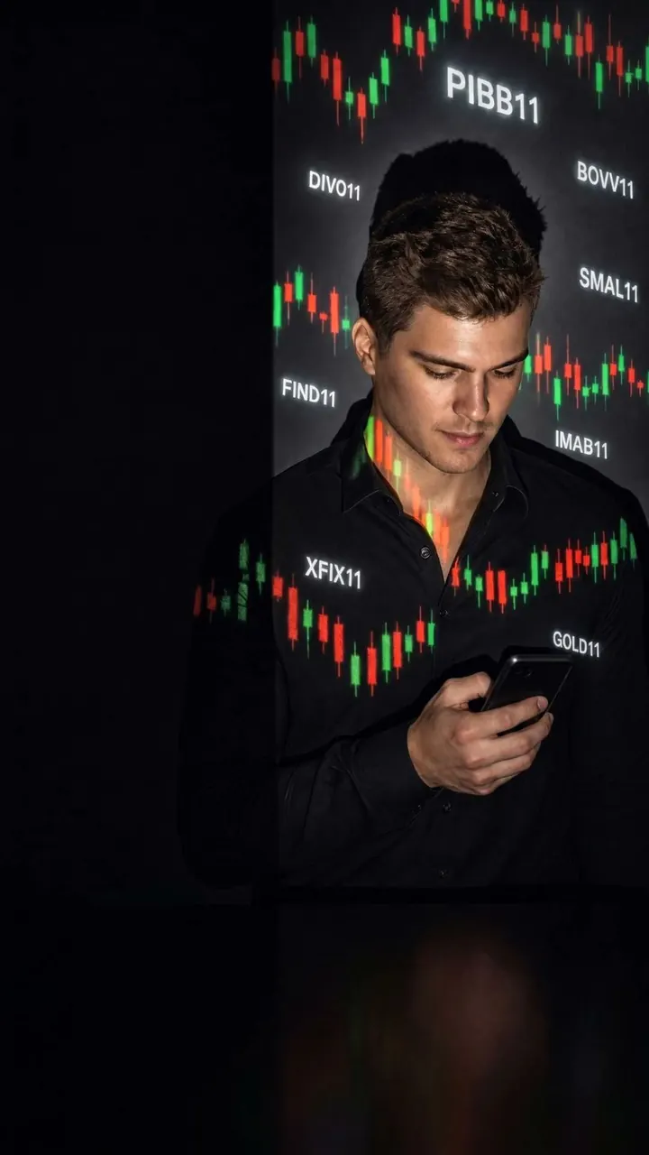 Investidor jovem de camisa preta consultando o celular, com um gráfico de candles e siglas de ETF projetados sobre ele.